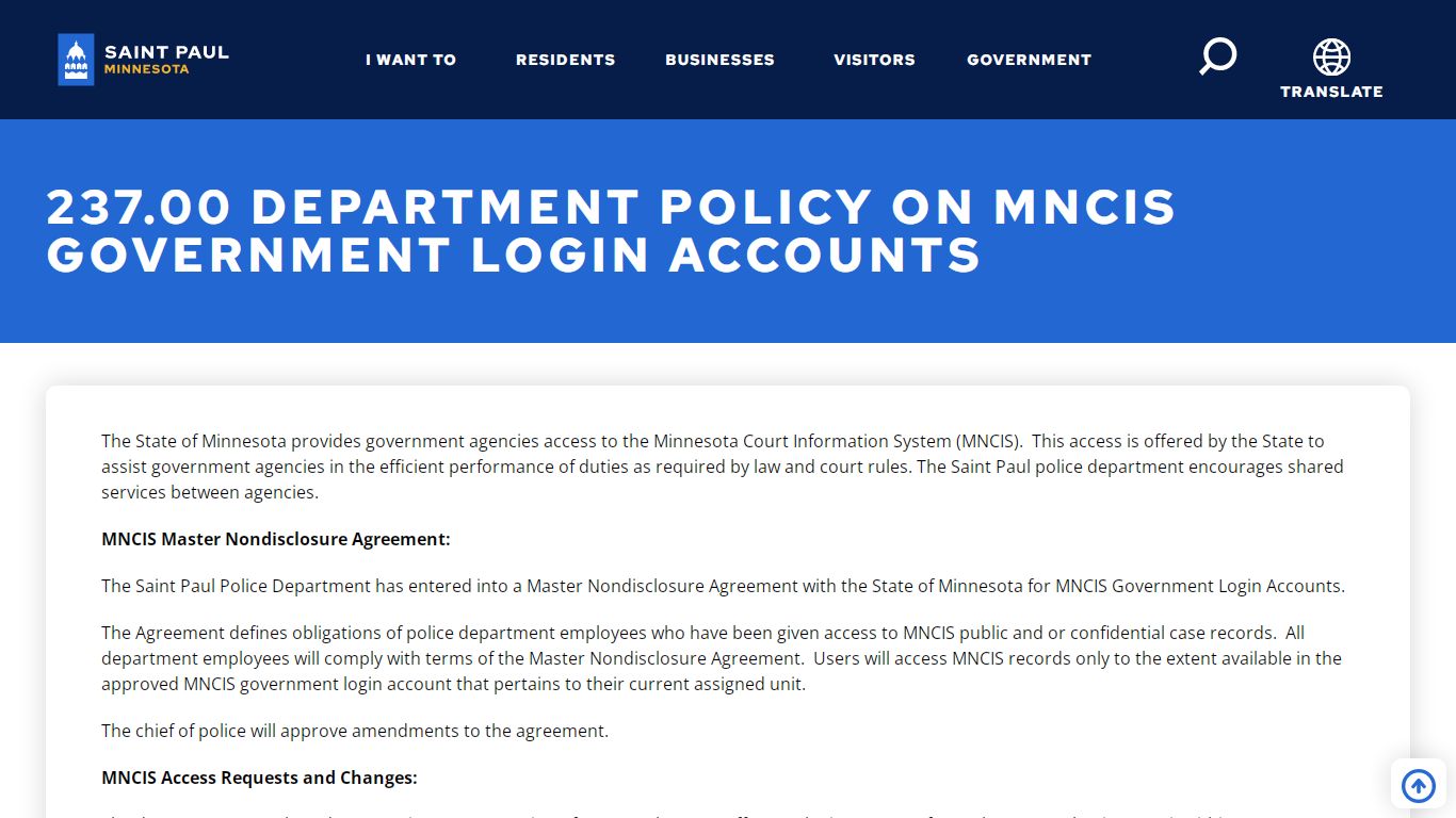 237.00 Department Policy on MNCIS Government Login Accounts